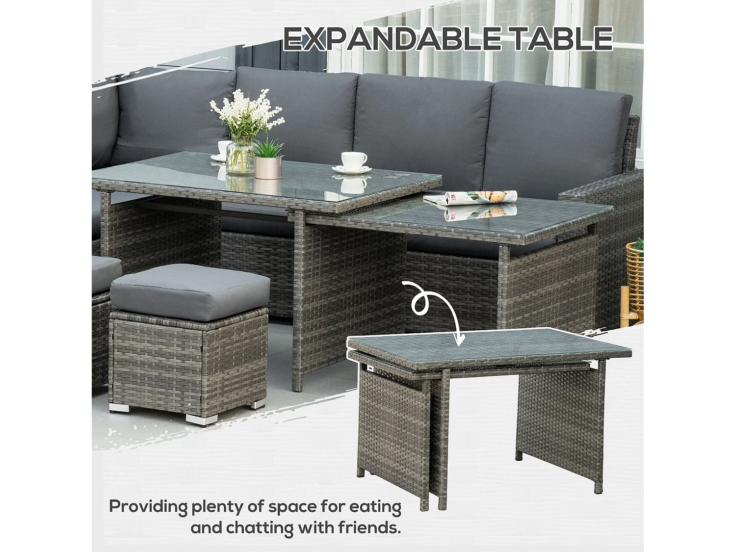 Rokane Grey Rattan 10 Seater Modular Garden Sofa Set with Extending Dining Table