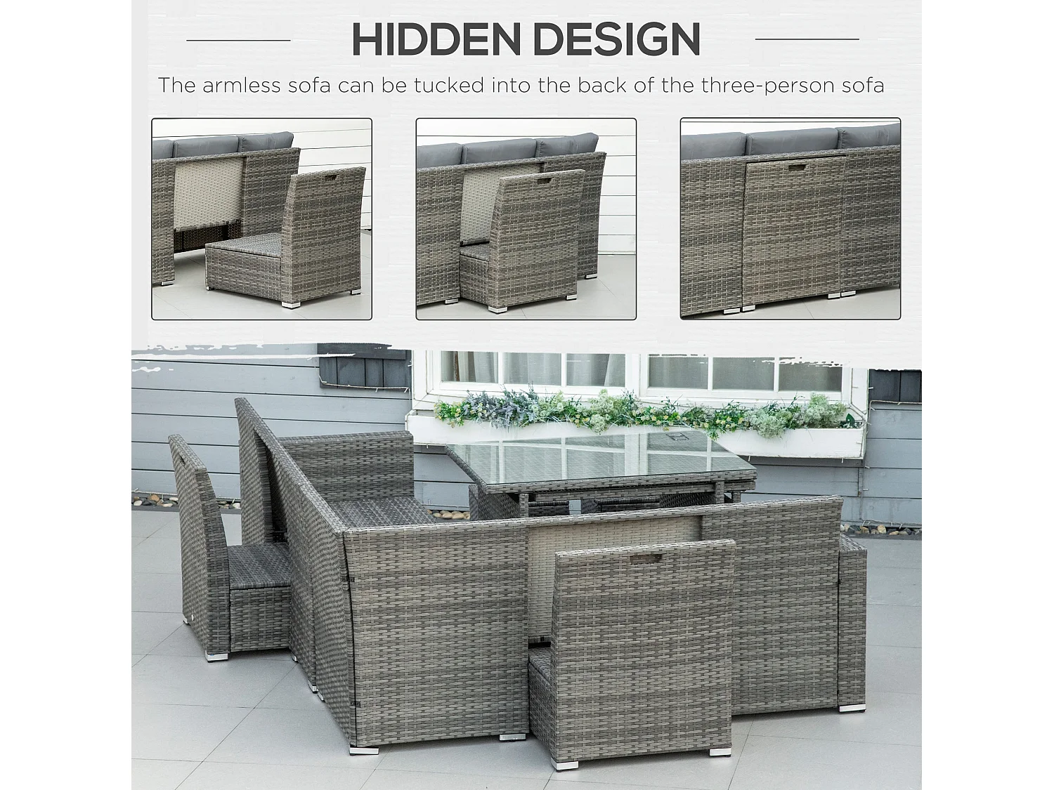 Rokane Grey Rattan 10 Seater Modular Garden Sofa Set with Extending Dining Table