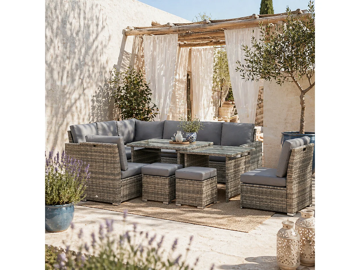 Rokane Grey Rattan 10 Seater Modular Garden Sofa Set with Extending Dining Table