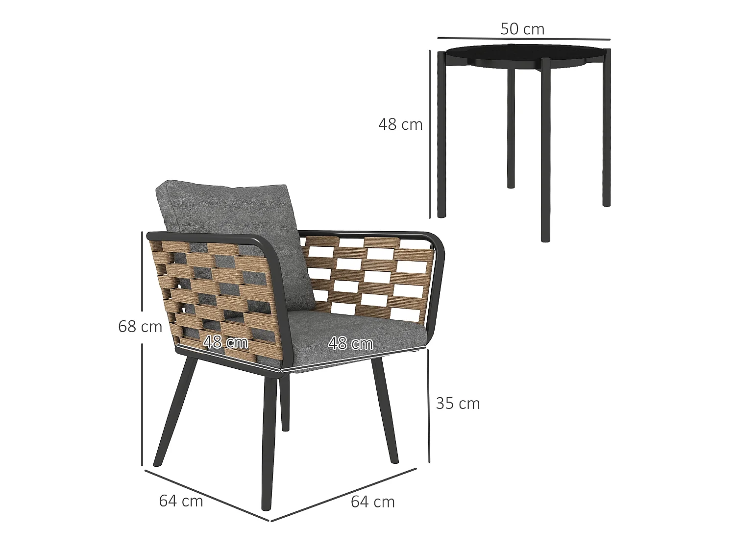 Lomi Natural Rattan 3 Piece Bistro Set with Round Tempered Glass Coffee Table