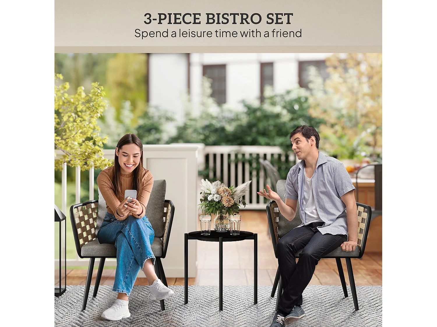 Lomi Natural Rattan 3 Piece Bistro Set with Round Tempered Glass Coffee Table
