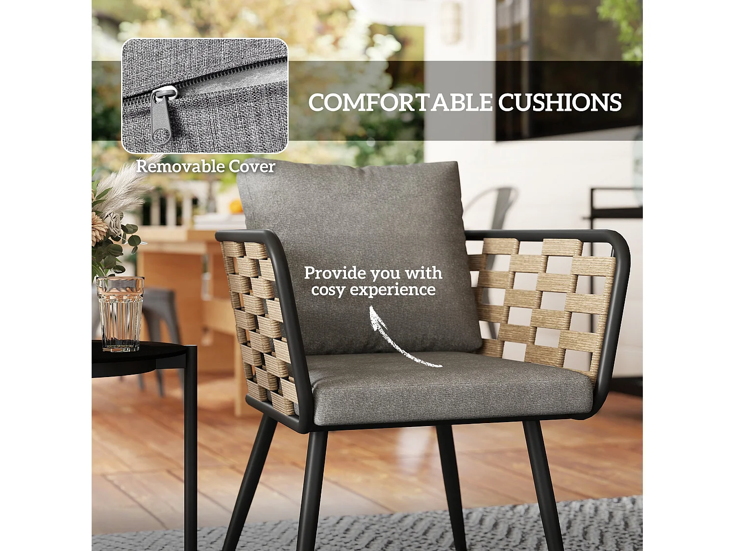Lomi Natural Rattan 3 Piece Bistro Set with Round Tempered Glass Coffee Table