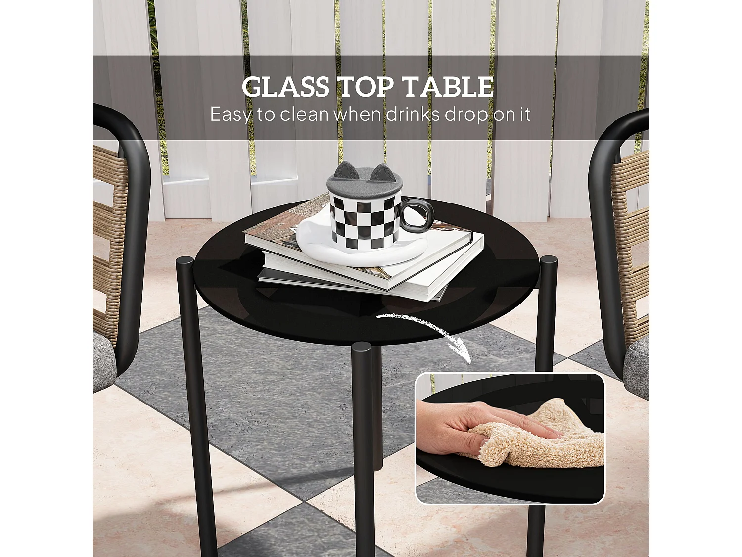 Lomi Natural Rattan 3 Piece Bistro Set with Round Tempered Glass Coffee Table