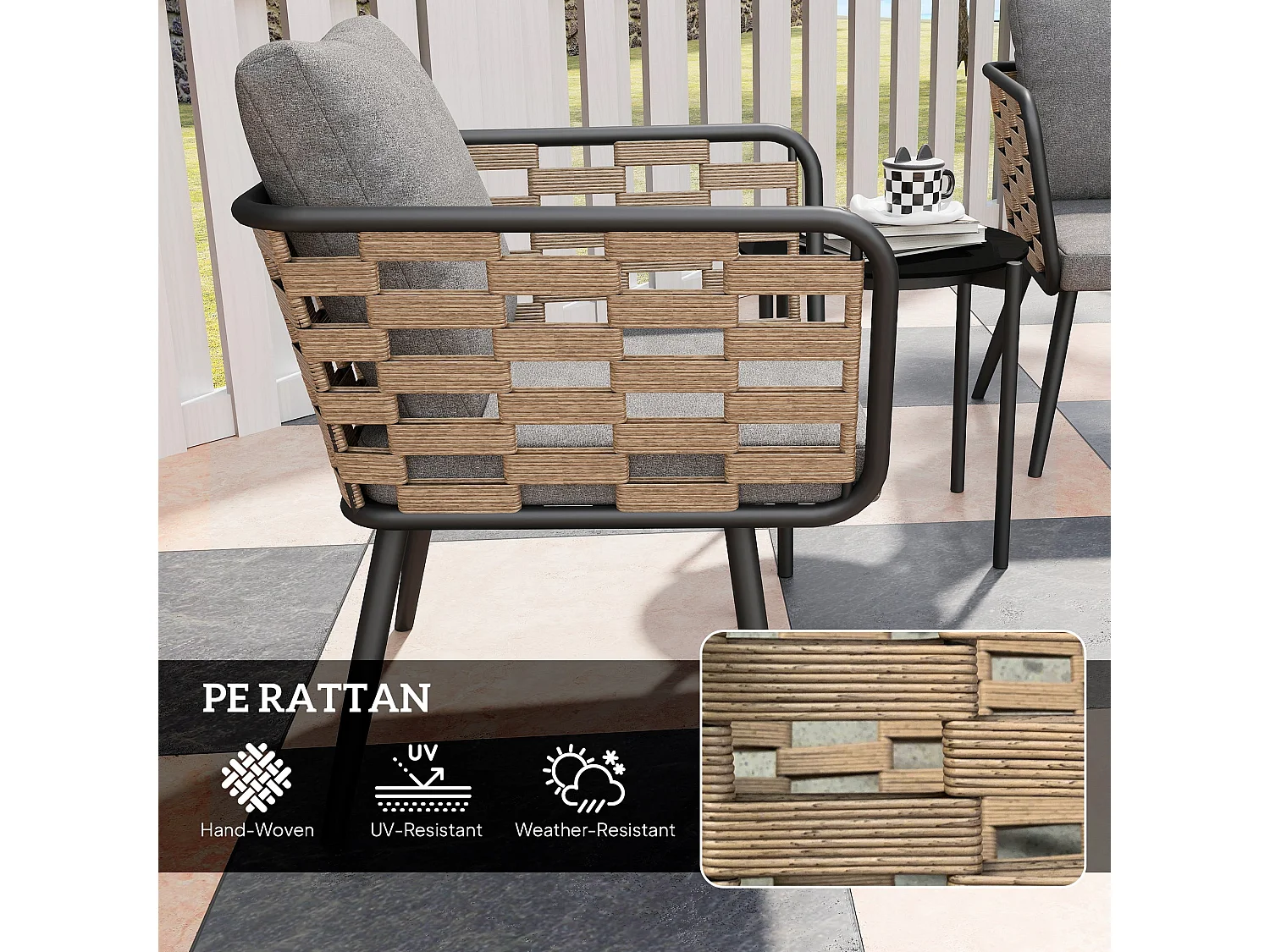 Lomi Natural Rattan 3 Piece Bistro Set with Round Tempered Glass Coffee Table