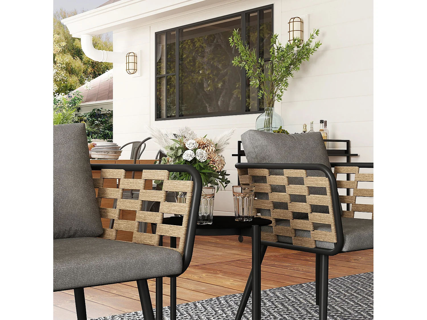 Lomi Natural Rattan 3 Piece Bistro Set with Round Tempered Glass Coffee Table