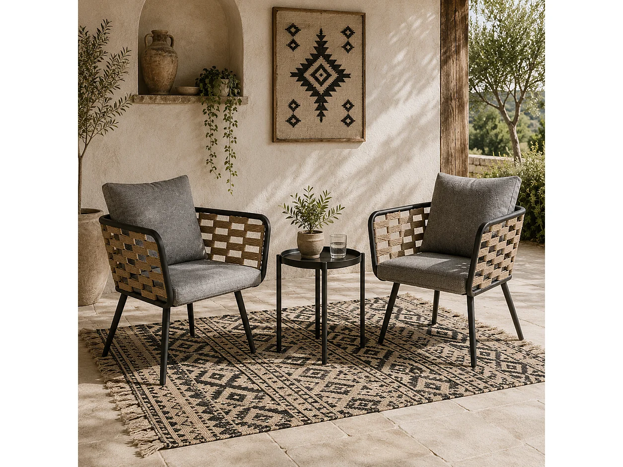 Lomi Natural Rattan 3 Piece Bistro Set with Round Tempered Glass Coffee Table
