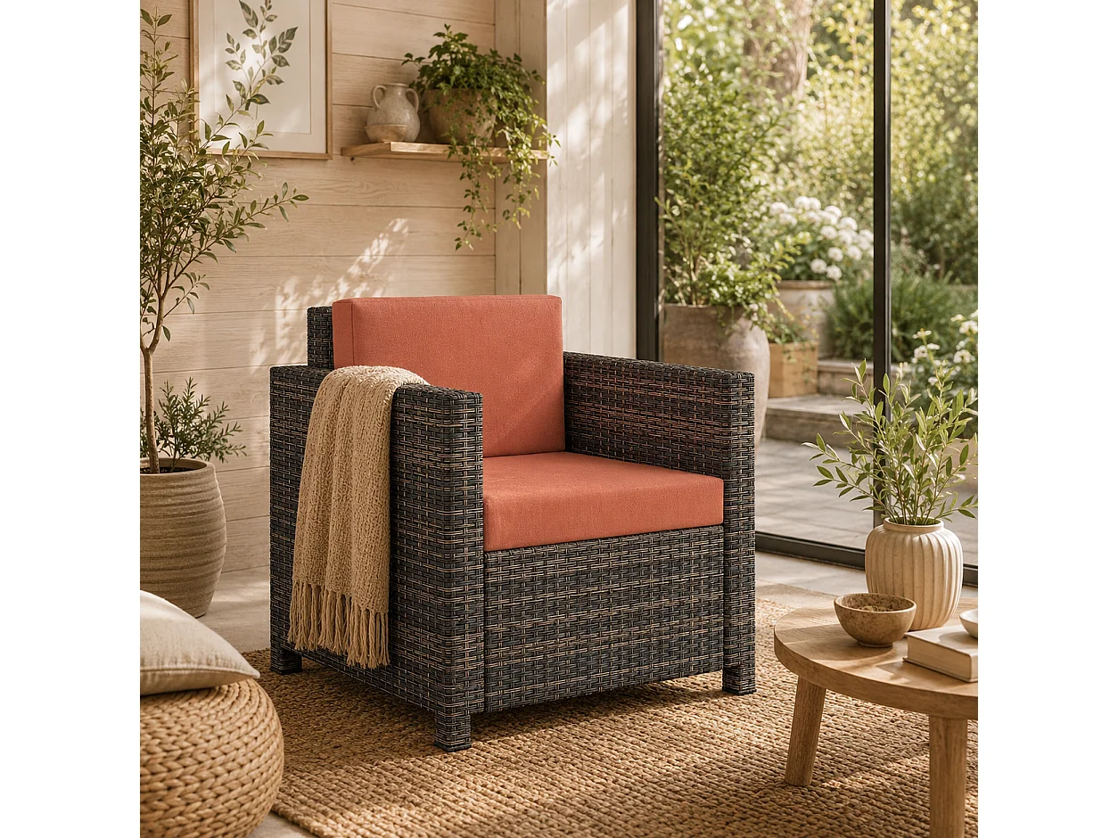 Noette Faux Rattan Garden Armchair Brown with Orange Cushion