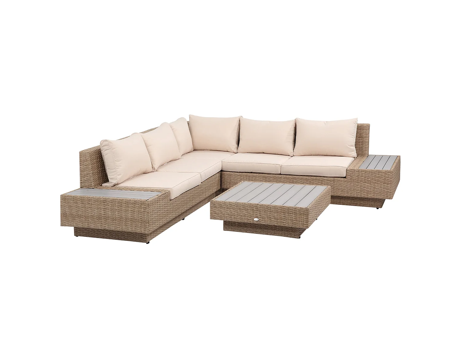 Repa 5 Seater Beige PE Rattan Garden Corner Sofa Set with Side Trays and Coffee Table