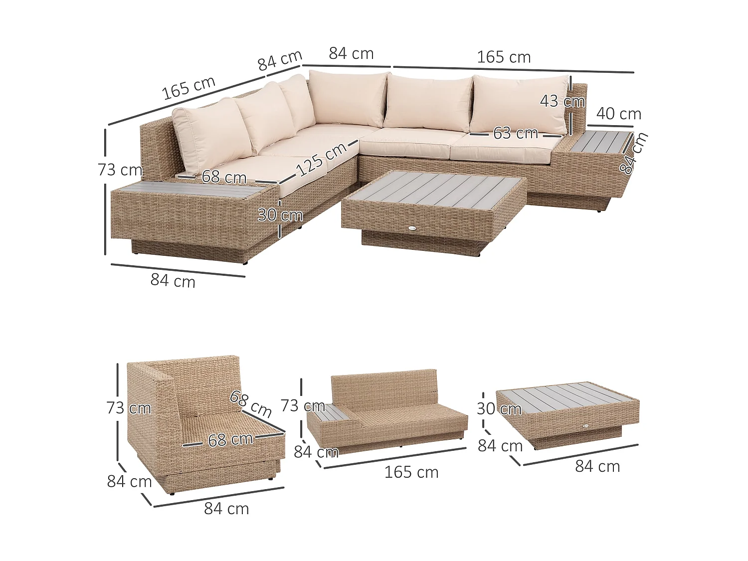 Repa 5 Seater Beige PE Rattan Garden Corner Sofa Set with Side Trays and Coffee Table
