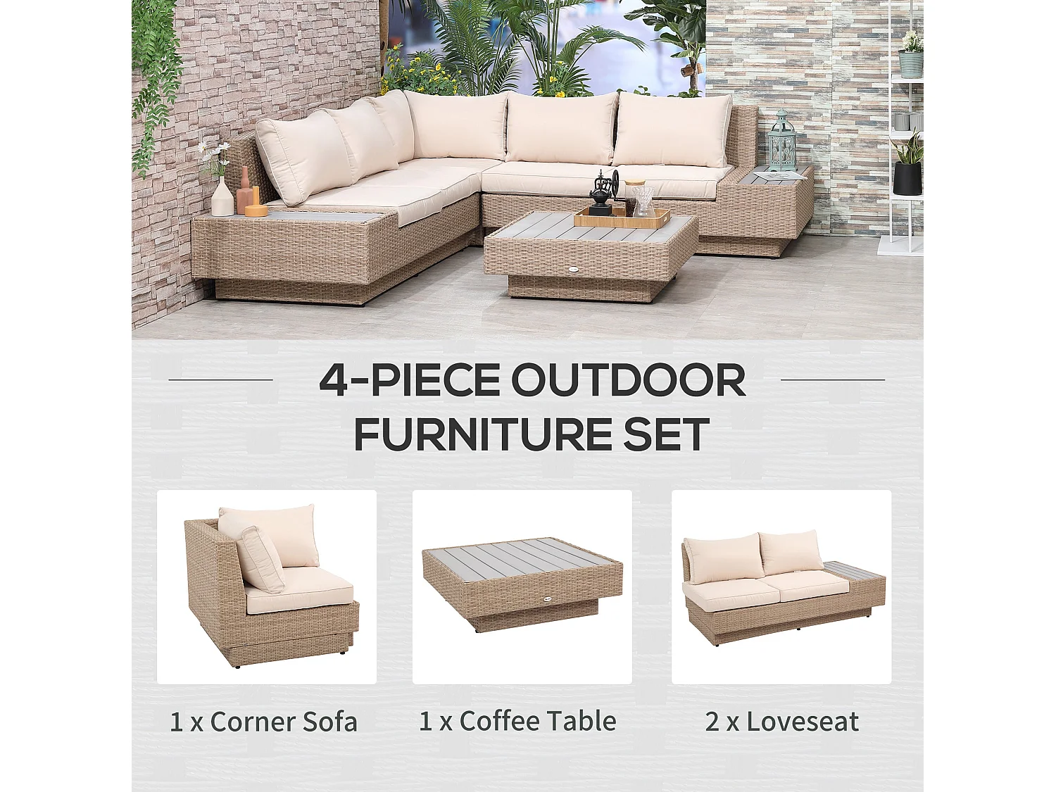 Repa 5 Seater Beige PE Rattan Garden Corner Sofa Set with Side Trays and Coffee Table