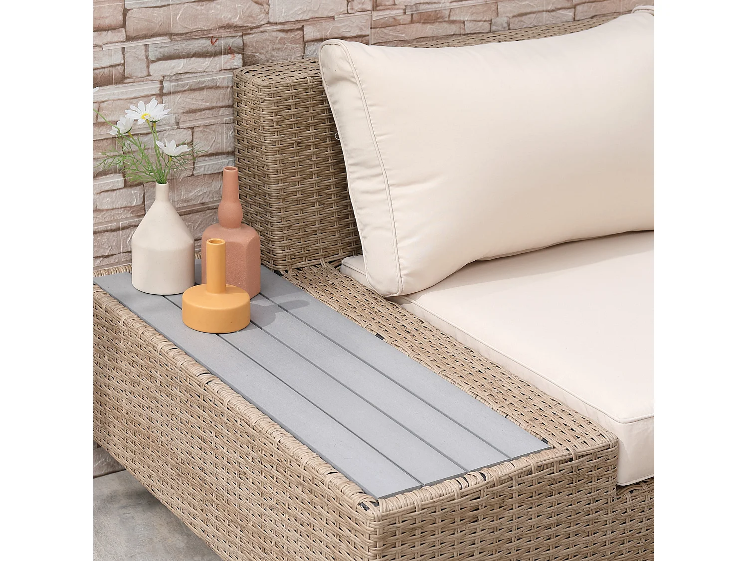 Repa 5 Seater Beige PE Rattan Garden Corner Sofa Set with Side Trays and Coffee Table