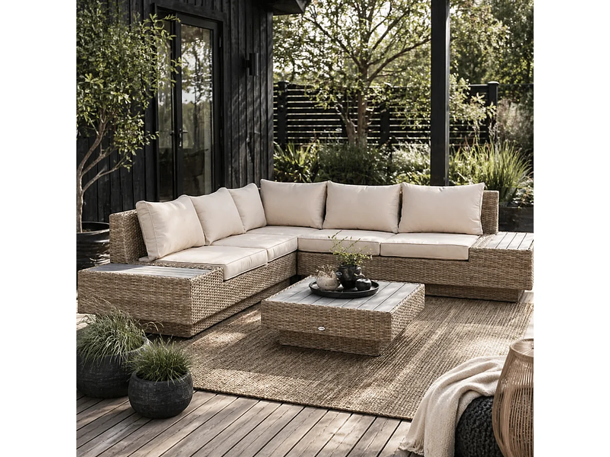 Repa 5 Seater Beige PE Rattan Garden Corner Sofa Set with Side Trays and Coffee Table