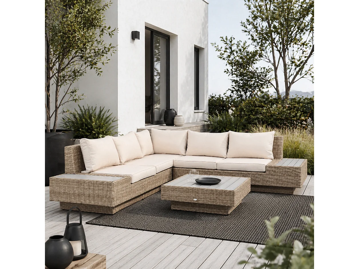 Repa 5 Seater Beige PE Rattan Garden Corner Sofa Set with Side Trays and Coffee Table