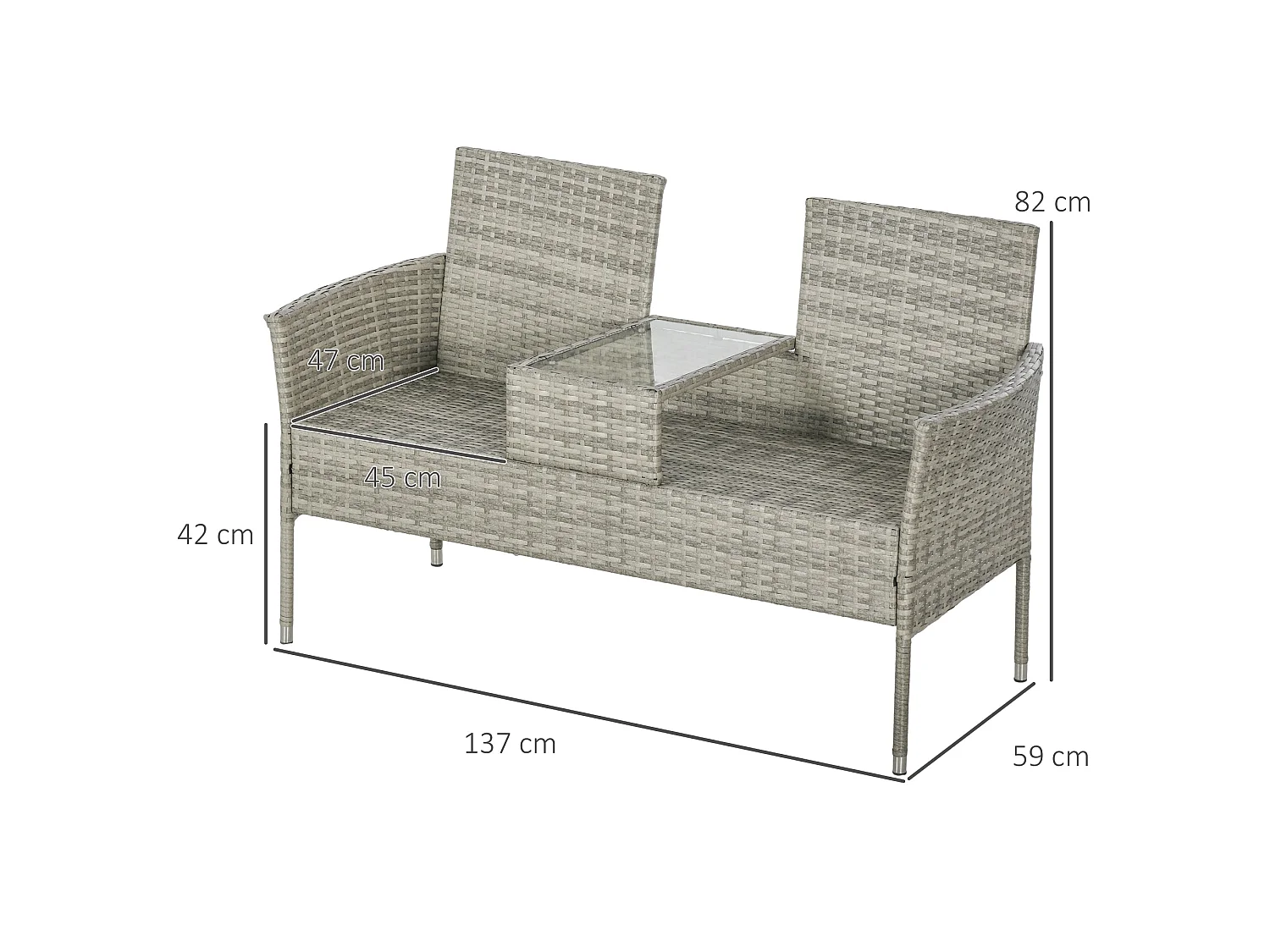 Vama 2 Seat Faux Rattan Garden Chair Light Grey with Integrated Coffee Table