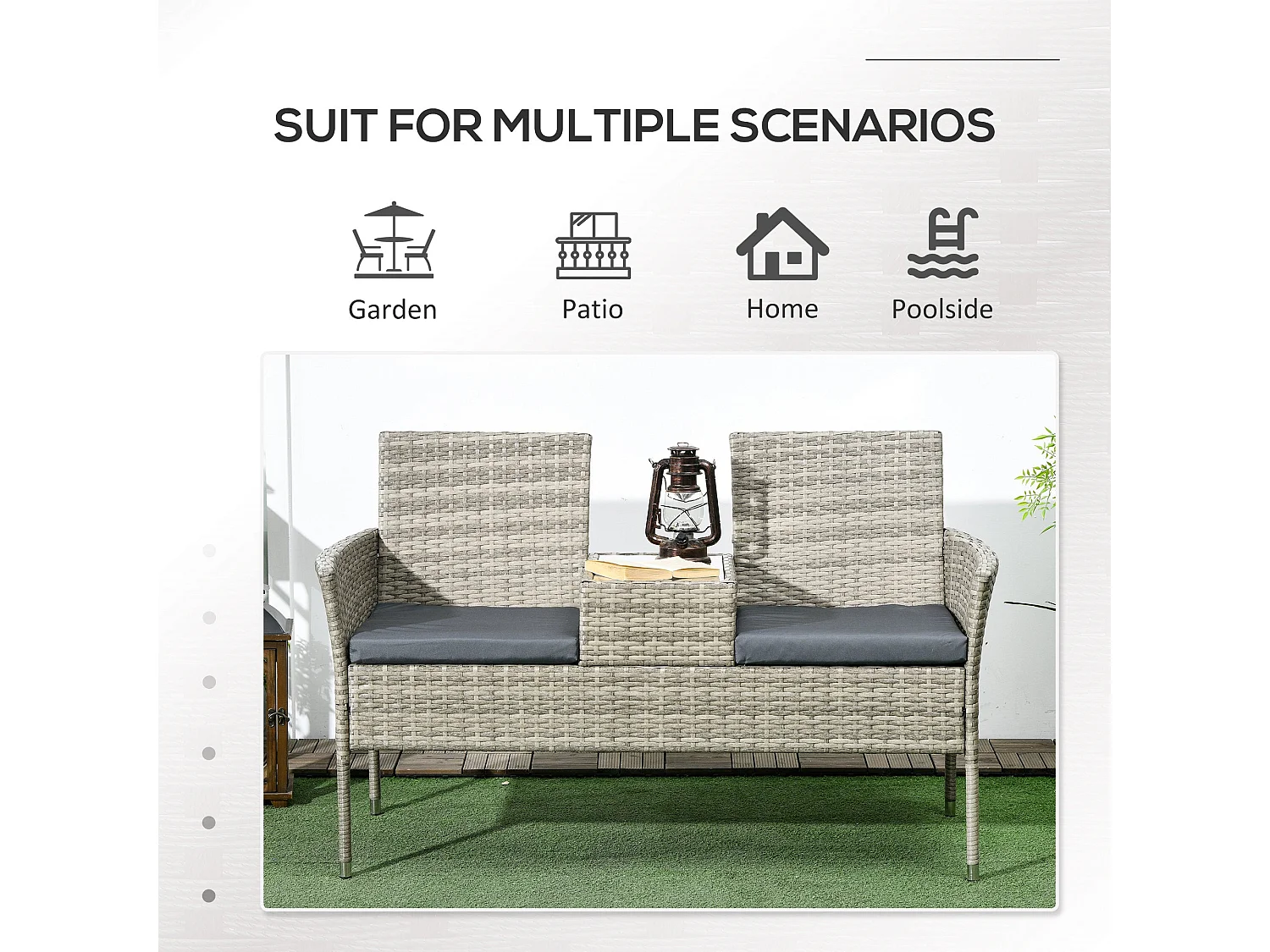 Vama 2 Seat Faux Rattan Garden Chair Light Grey with Integrated Coffee Table