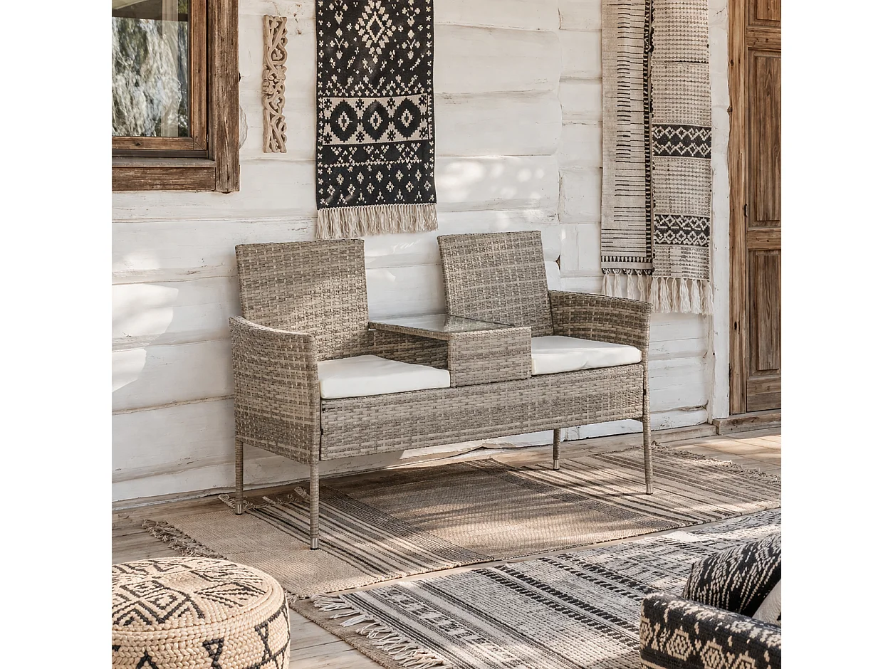 Vama 2 Seat Faux Rattan Garden Chair Light Grey with Integrated Coffee Table