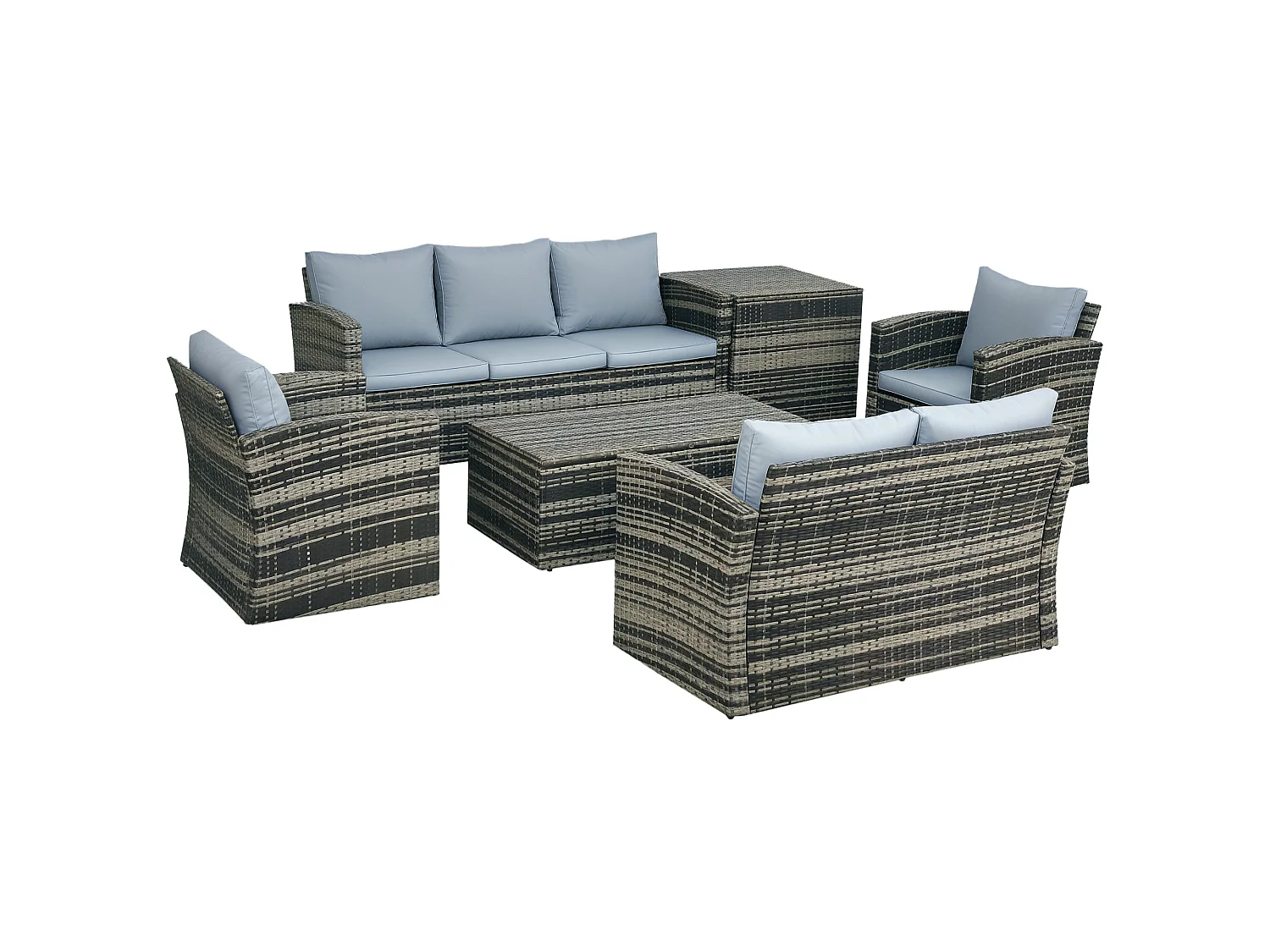Vaveyo Grey 7 Seater Rattan Outdoor Sofa Set with Storage Tables and Cushions