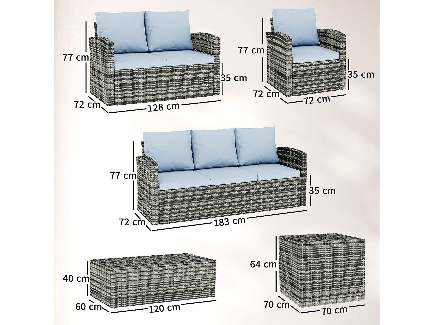 Vaveyo Grey 7 Seater Rattan Outdoor Sofa Set with Storage Tables and Cushions