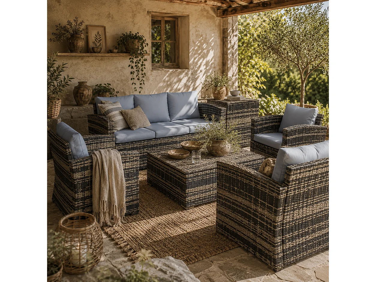 Vaveyo Grey 7 Seater Rattan Outdoor Sofa Set with Storage Tables and Cushions