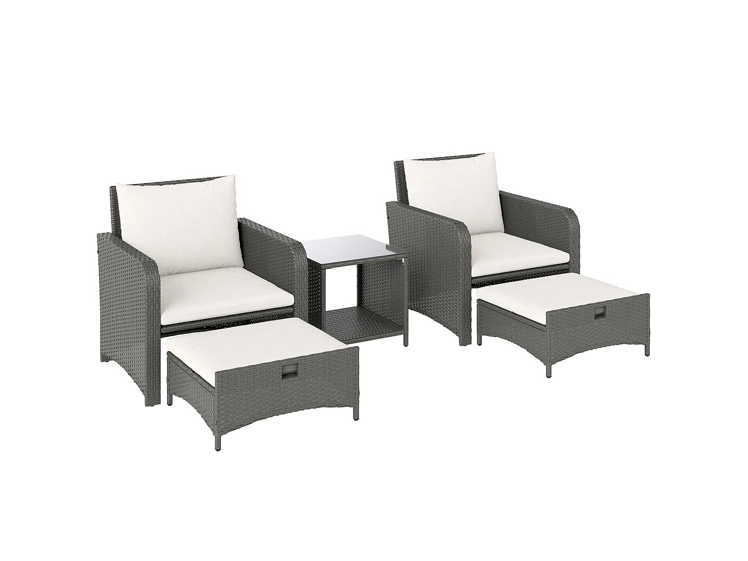 Mami 5‑Piece Grey Rattan Bistro Set with 2‑Tier Coffee Table and Ottomans