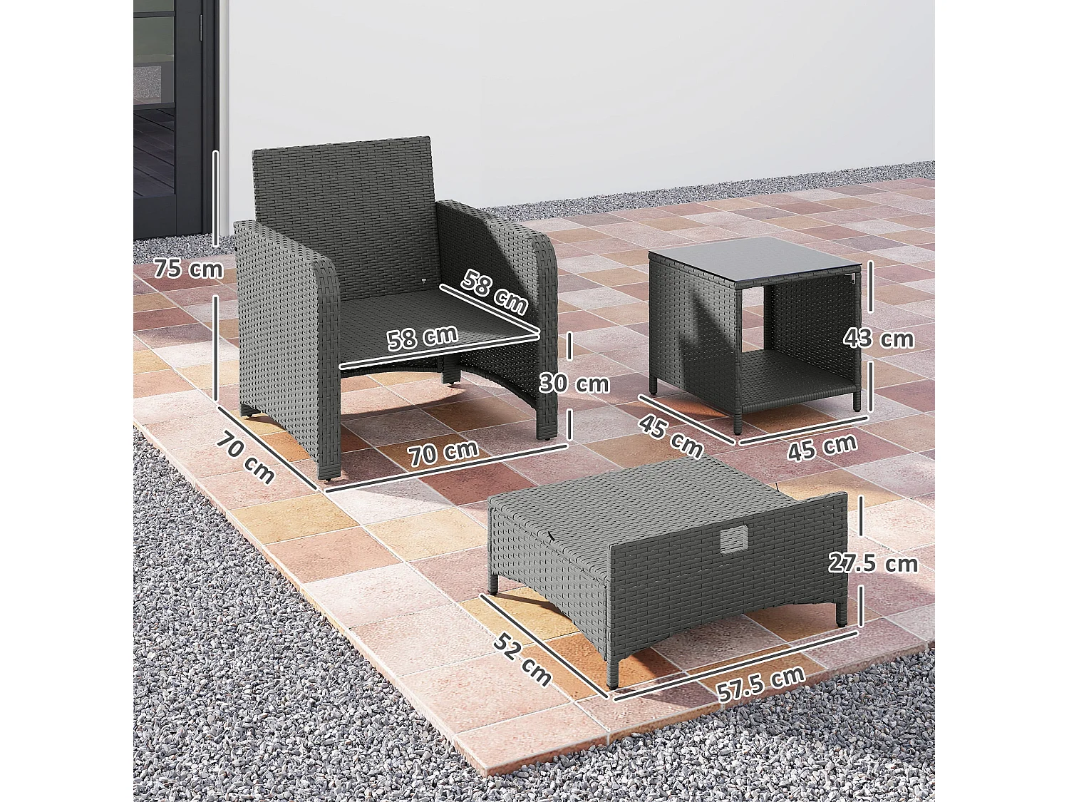 Mami 5‑Piece Grey Rattan Bistro Set with 2‑Tier Coffee Table and Ottomans