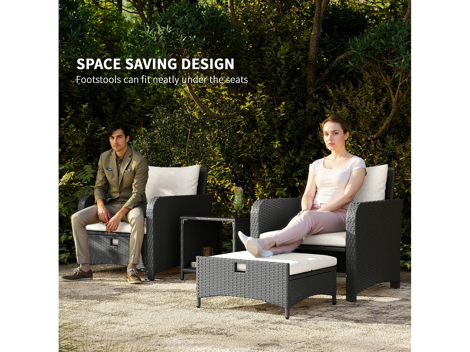 Mami 5‑Piece Grey Rattan Bistro Set with 2‑Tier Coffee Table and Ottomans