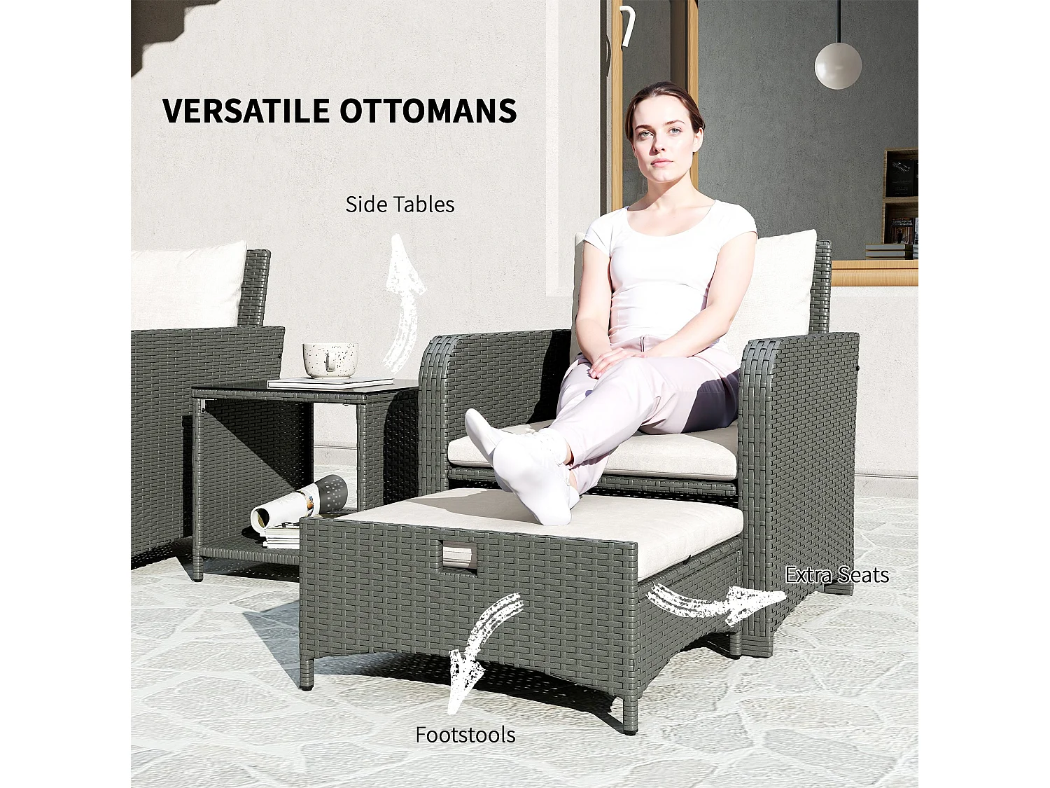Mami 5‑Piece Grey Rattan Bistro Set with 2‑Tier Coffee Table and Ottomans