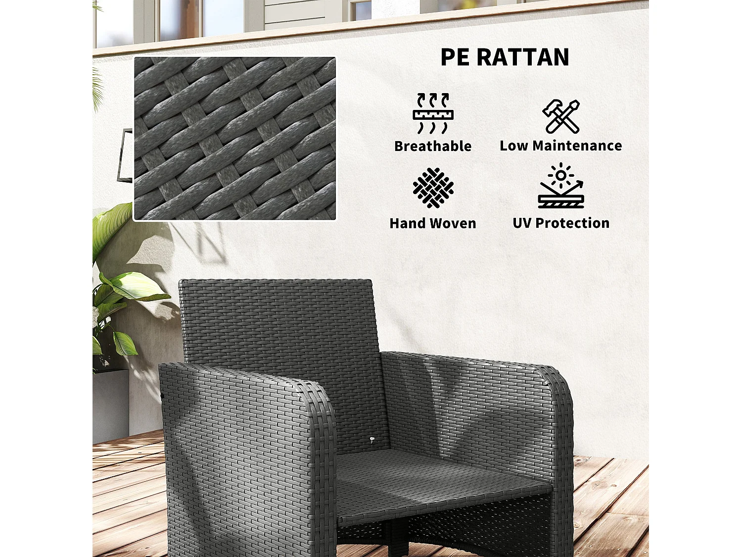 Mami 5‑Piece Grey Rattan Bistro Set with 2‑Tier Coffee Table and Ottomans