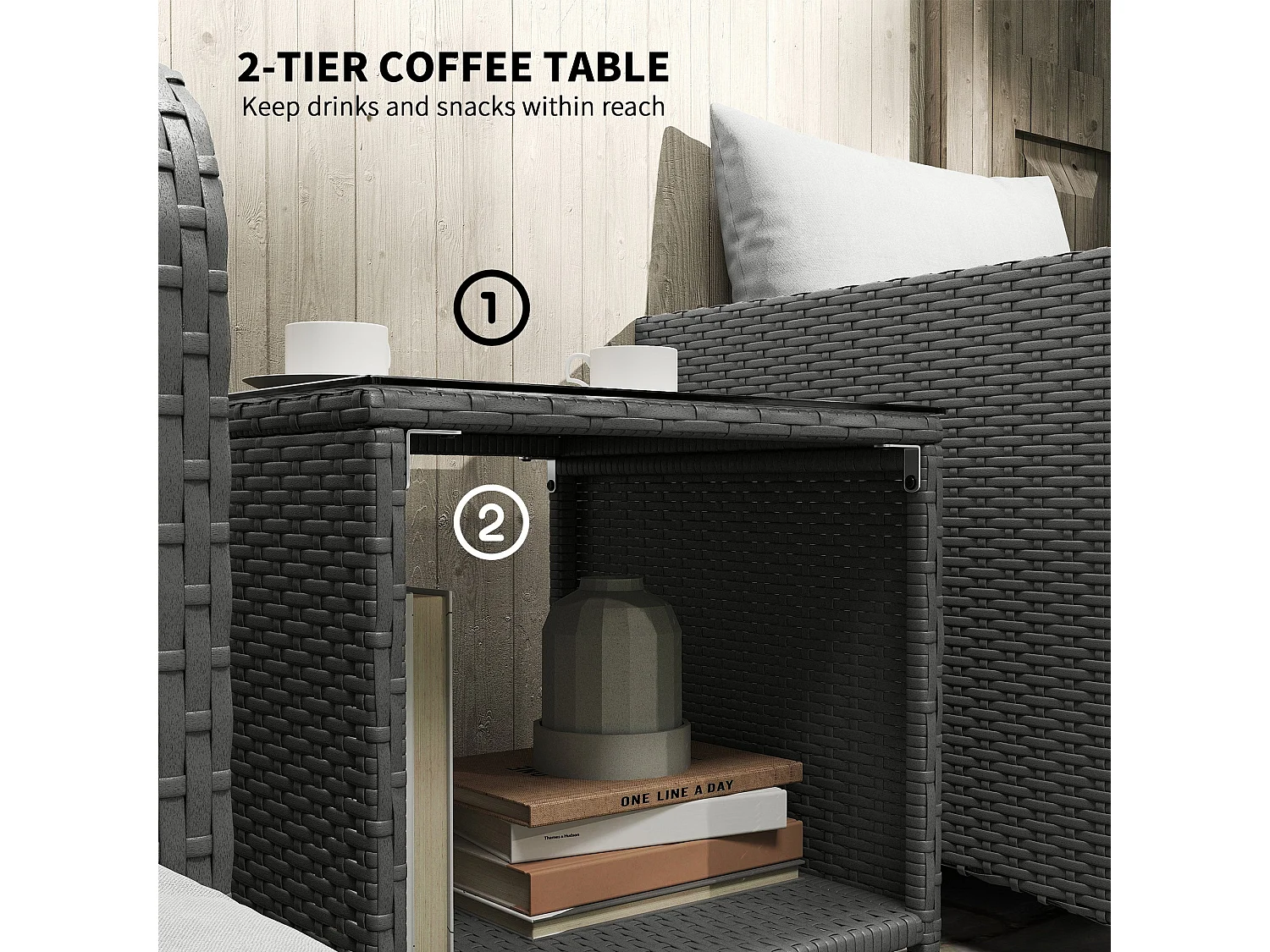 Mami 5‑Piece Grey Rattan Bistro Set with 2‑Tier Coffee Table and Ottomans