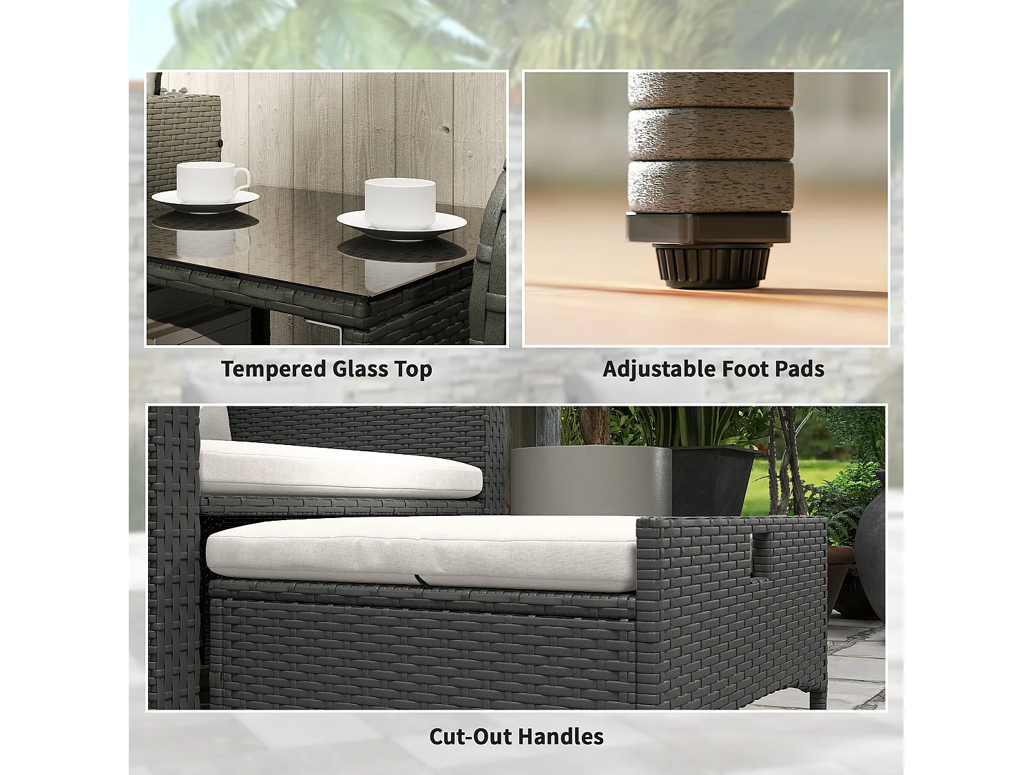 Mami 5‑Piece Grey Rattan Bistro Set with 2‑Tier Coffee Table and Ottomans