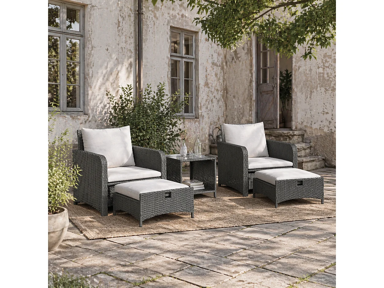 Mami 5‑Piece Grey Rattan Bistro Set with 2‑Tier Coffee Table and Ottomans