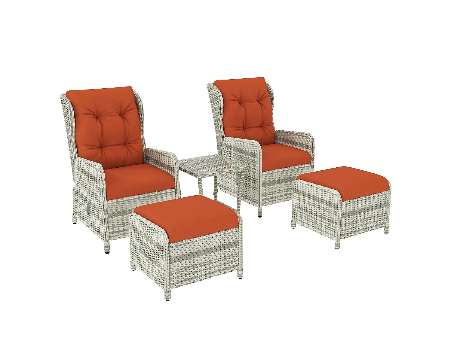 Bapa 5 Piece Orange Rattan Reclining Bistro Set with Glass Top and Footstools