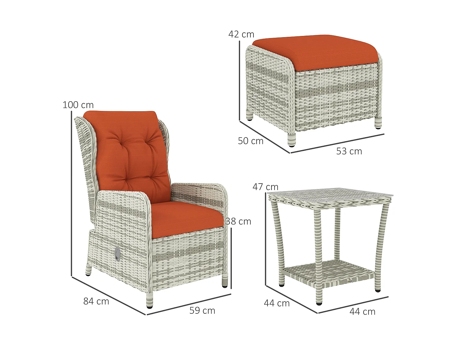 Bapa 5 Piece Orange Rattan Reclining Bistro Set with Glass Top and Footstools
