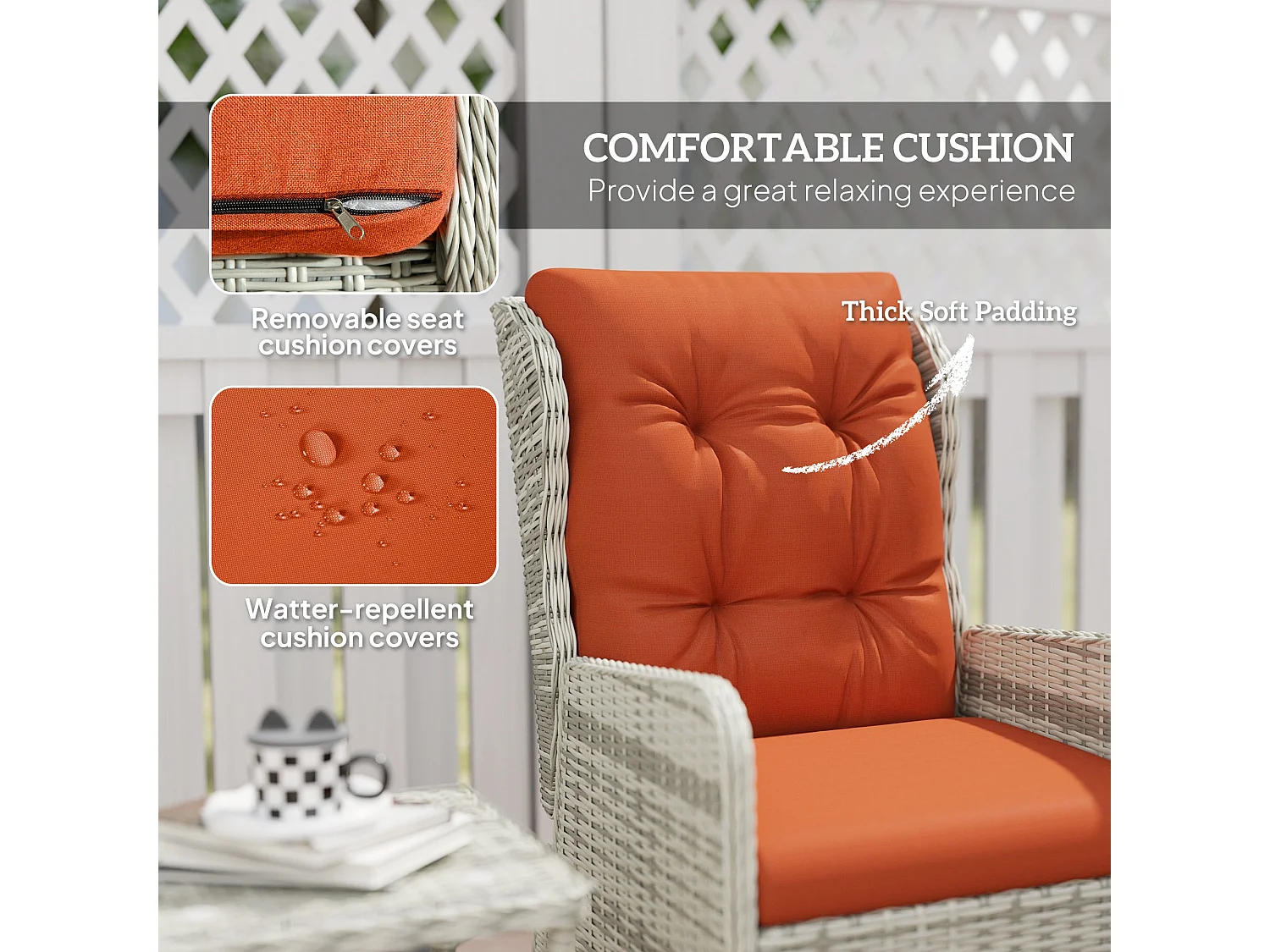 Bapa 5 Piece Orange Rattan Reclining Bistro Set with Glass Top and Footstools