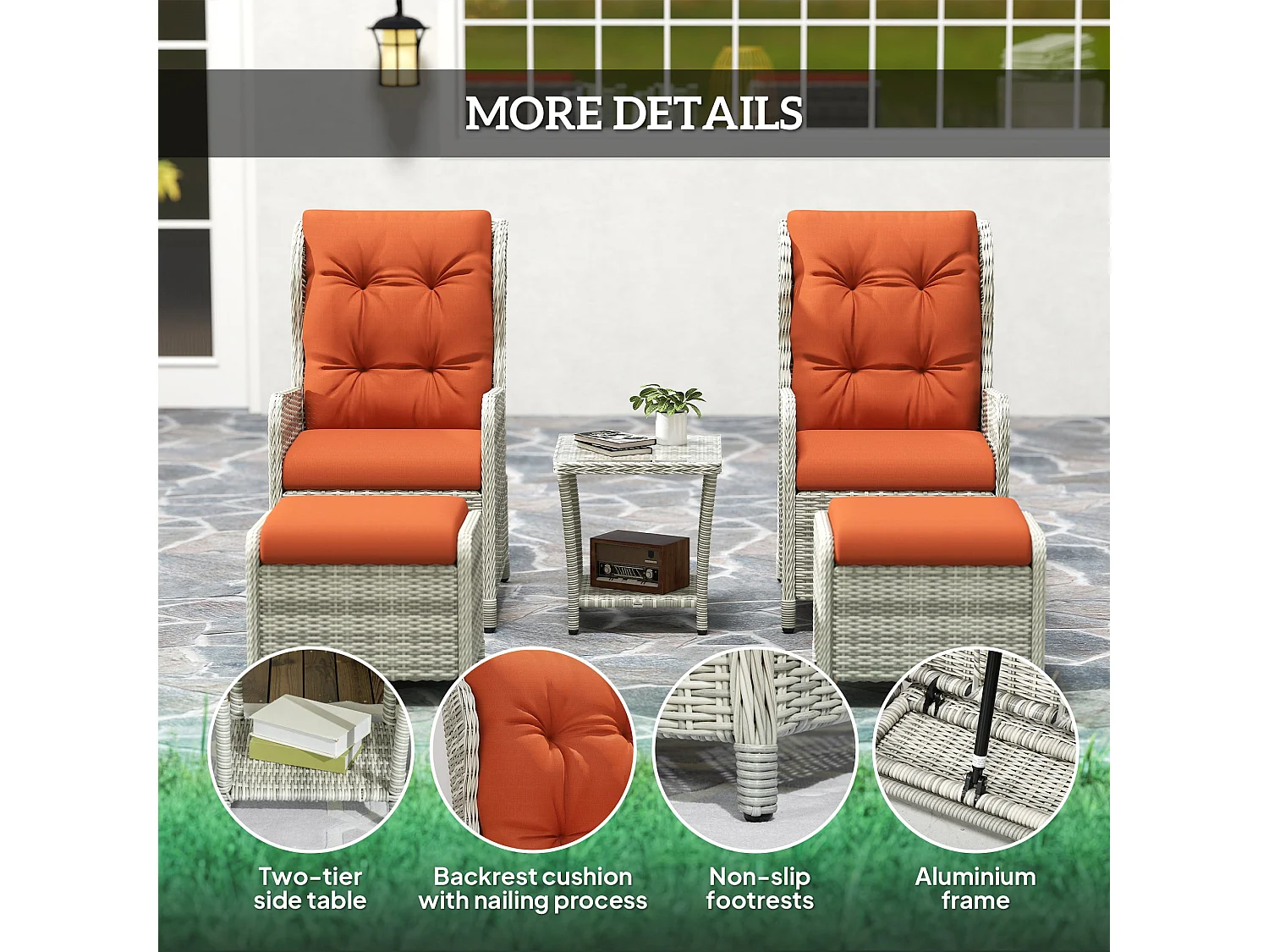 Bapa 5 Piece Orange Rattan Reclining Bistro Set with Glass Top and Footstools
