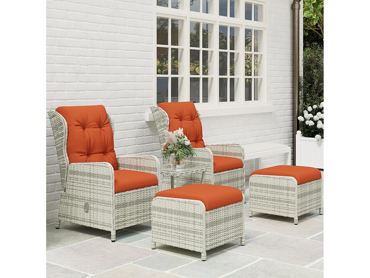 Bapa 5 Piece Orange Rattan Reclining Bistro Set with Glass Top and Footstools