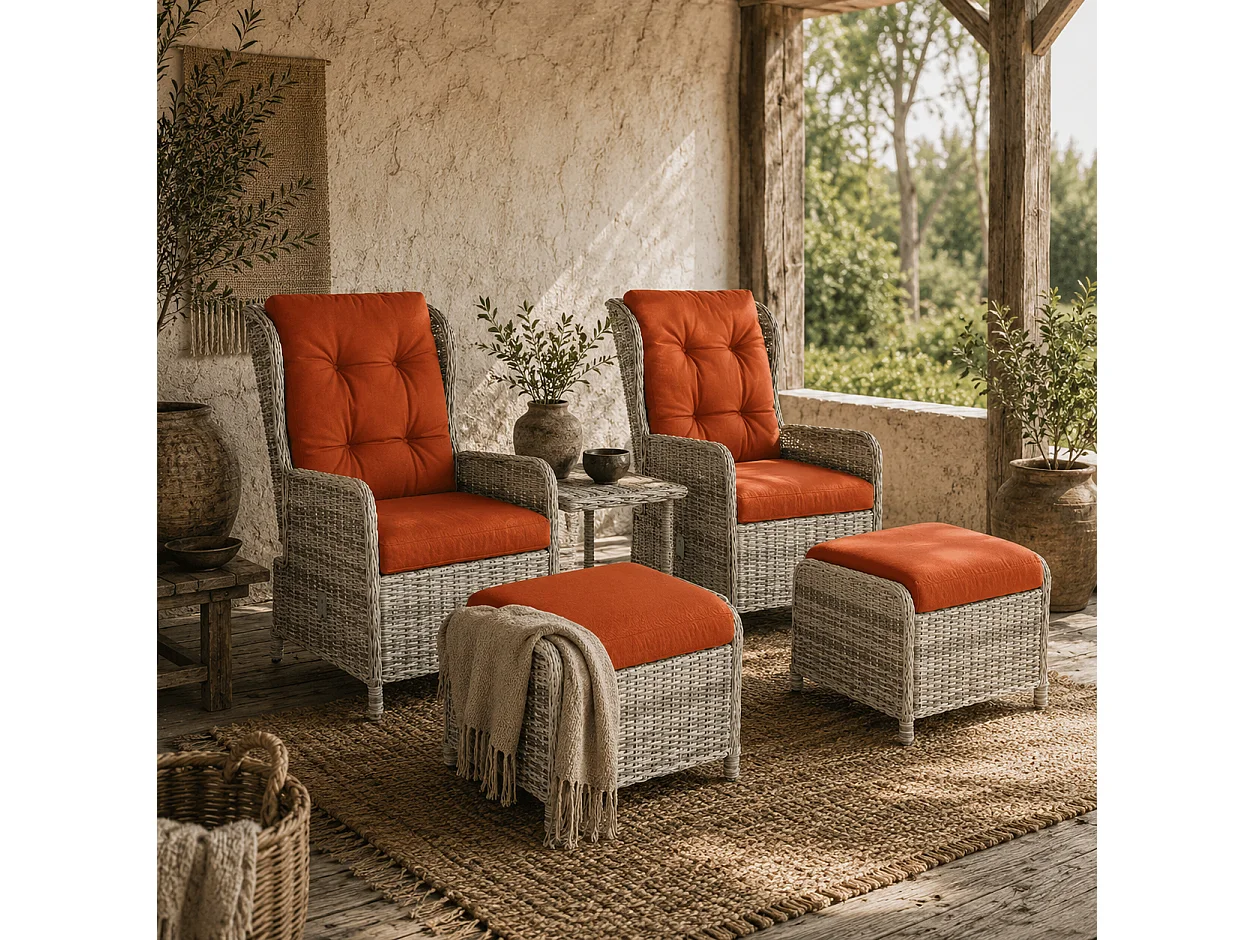 Bapa 5 Piece Orange Rattan Reclining Bistro Set with Glass Top and Footstools