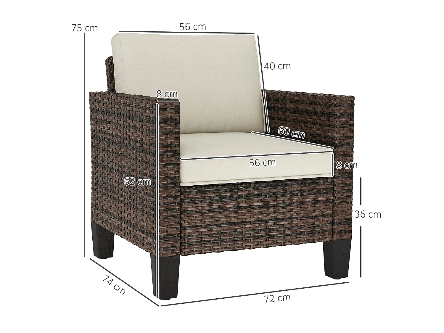 Sune Rattan Brown Outdoor Armchair Single Seat with Cream Cushion