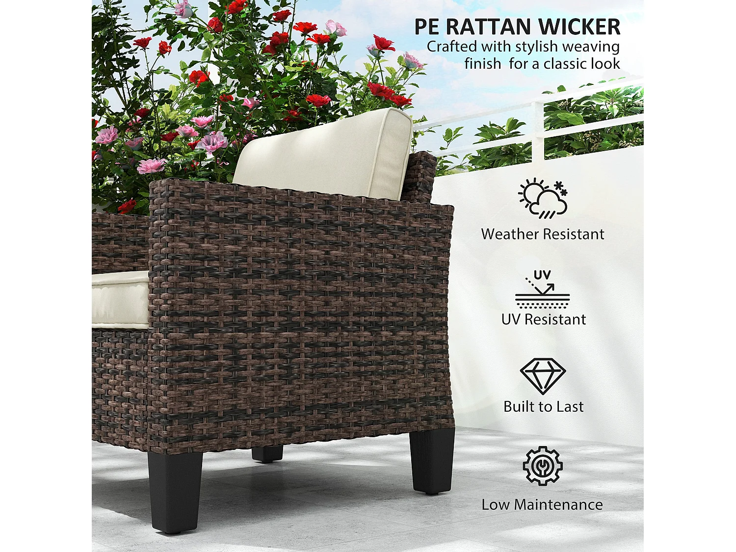 Sune Rattan Brown Outdoor Armchair Single Seat with Cream Cushion