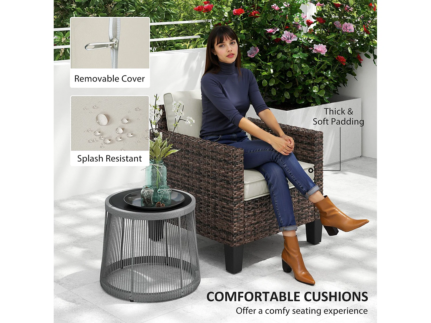 Sune Rattan Brown Outdoor Armchair Single Seat with Cream Cushion