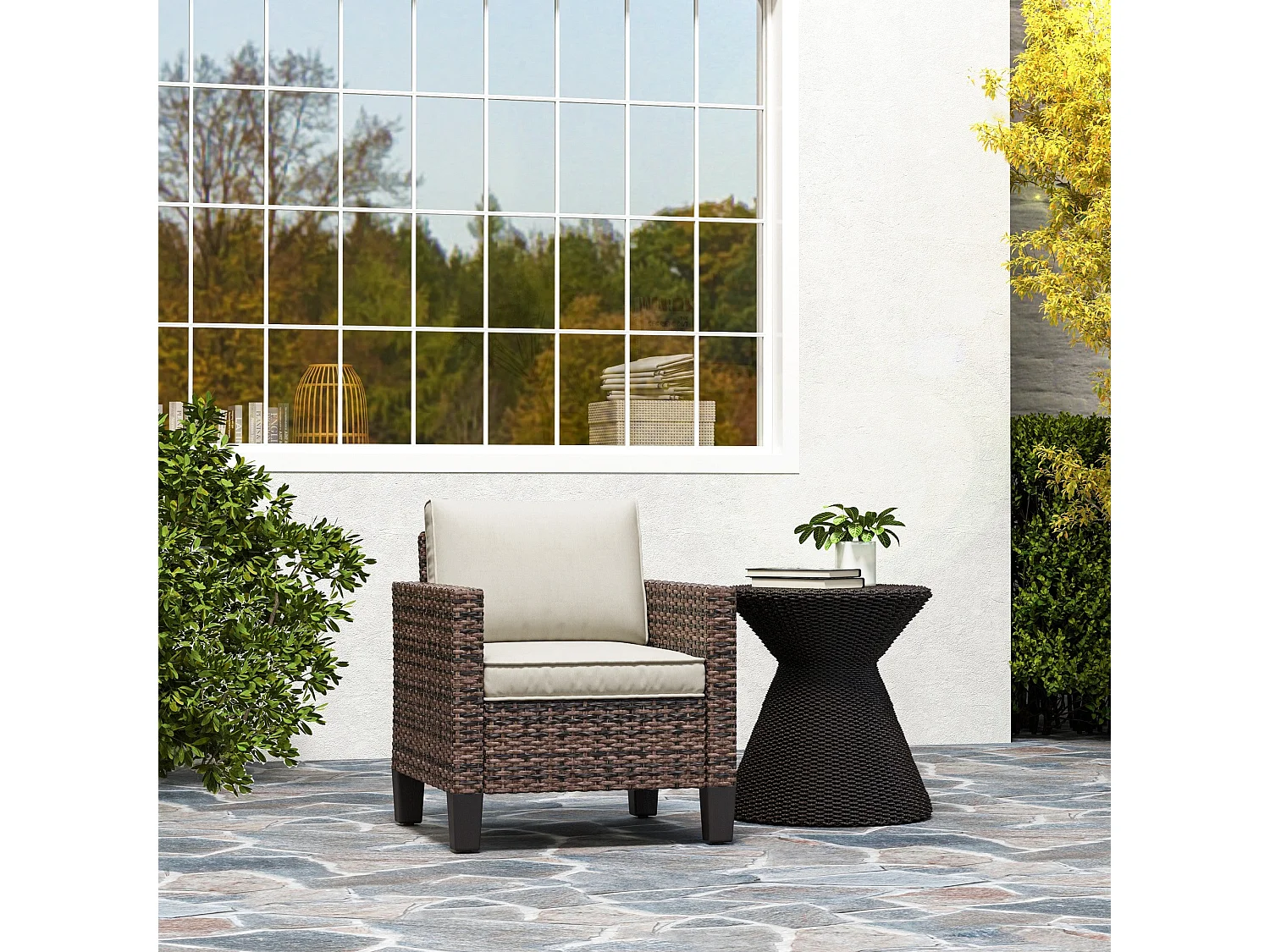 Sune Rattan Brown Outdoor Armchair Single Seat with Cream Cushion