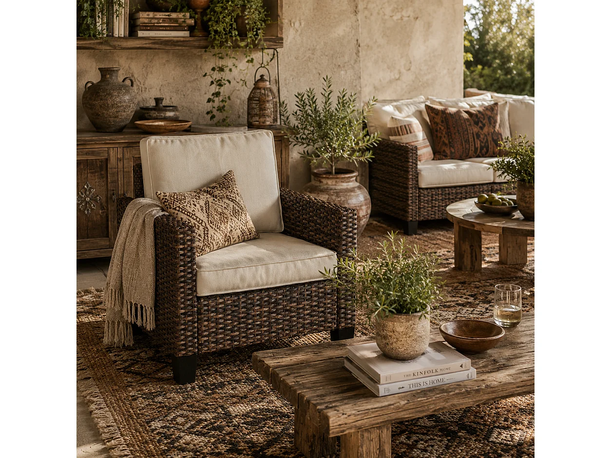 Sune Rattan Brown Outdoor Armchair Single Seat with Cream Cushion