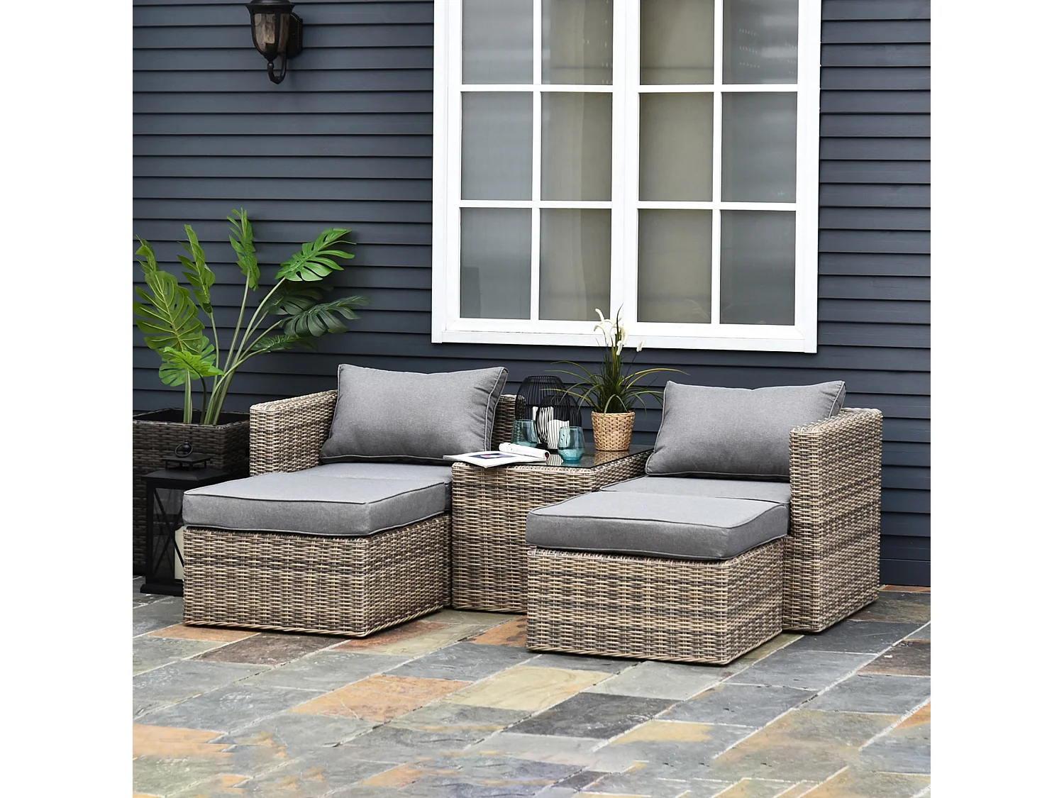 Vapa Faux Rattan Mixed Brown 5‑Piece Outdoor Bistro Set with Glass Table