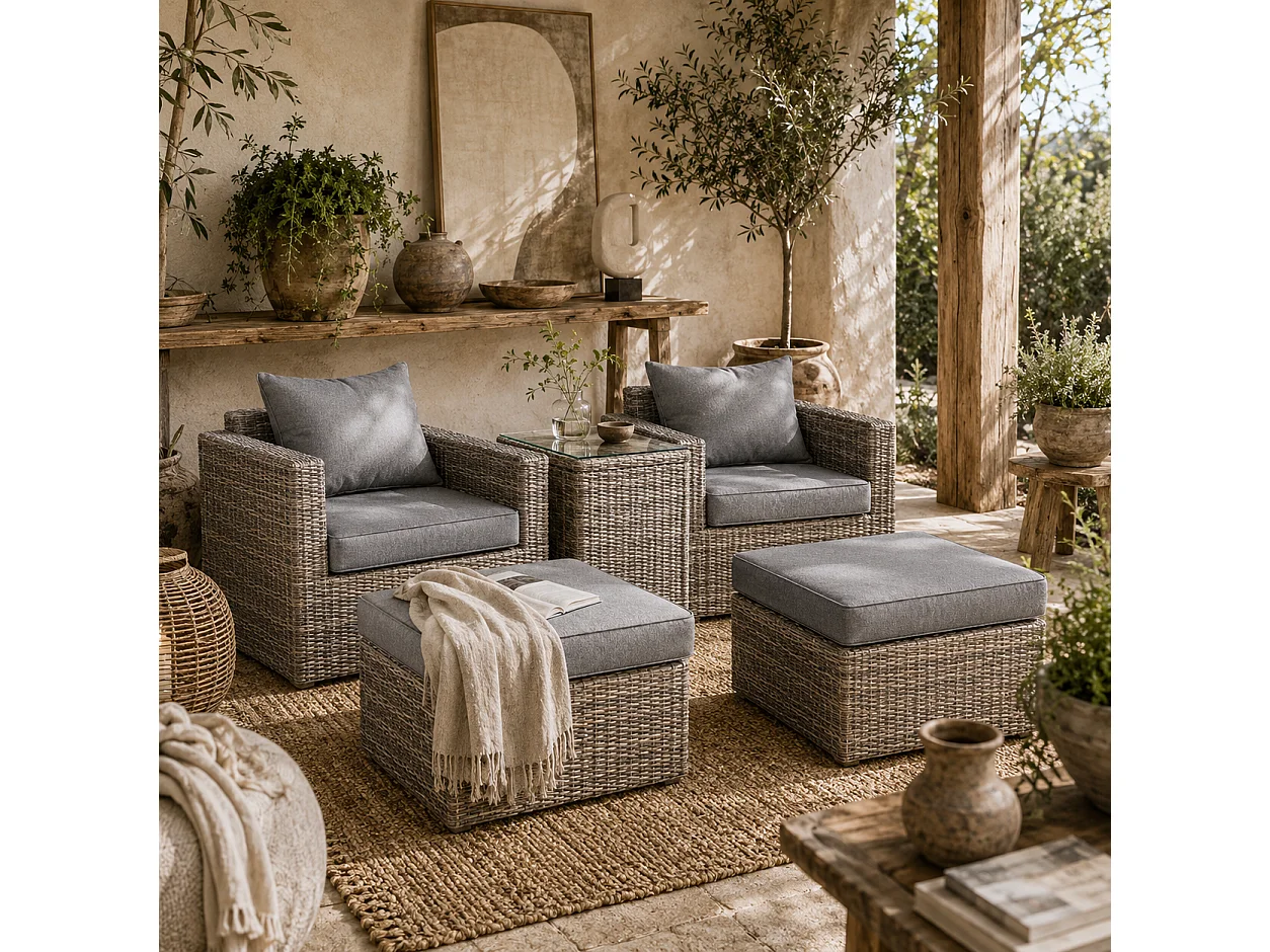 Vapa Faux Rattan Mixed Brown 5‑Piece Outdoor Bistro Set with Glass Table