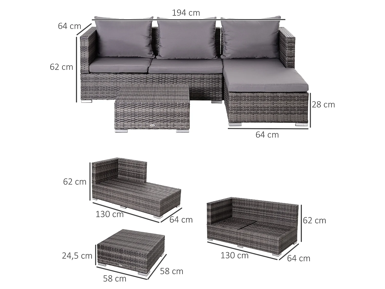 Sevafa Grey Rattan L Shaped Outdoor Corner Sofa Set with Cushions and Coffee Table