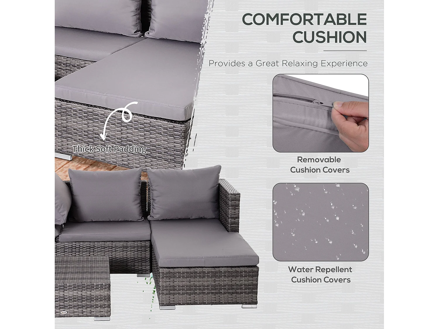 Sevafa Grey Rattan L Shaped Outdoor Corner Sofa Set with Cushions and Coffee Table