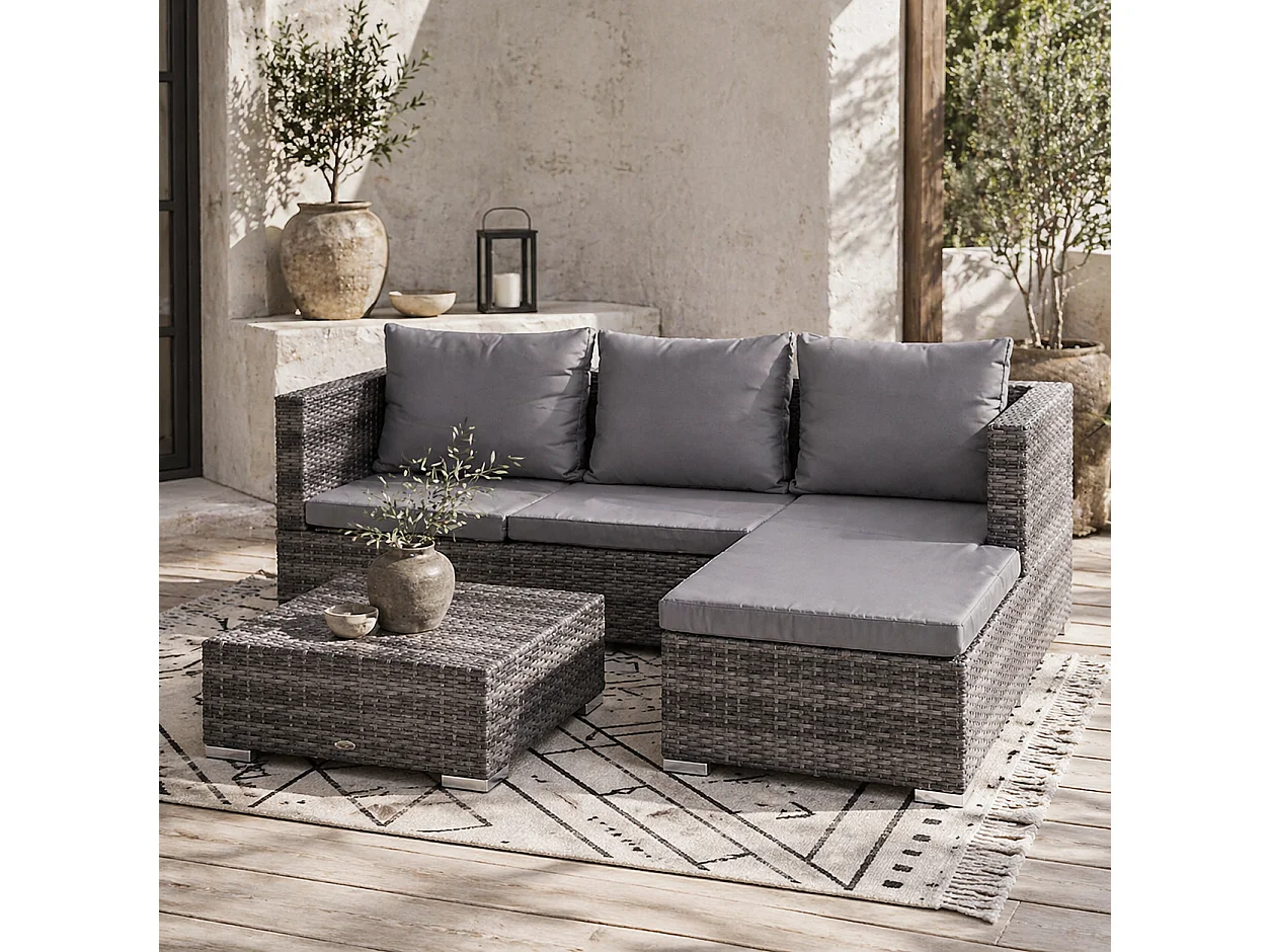 Sevafa Grey Rattan L Shaped Outdoor Corner Sofa Set with Cushions and Coffee Table