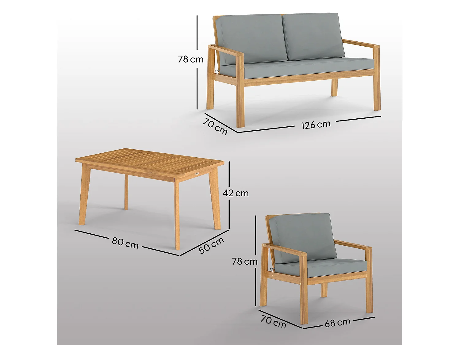 Rotoyo 4 Seater Acacia Wood Outdoor Garden Furniture Set with Teak Finish and Grey Cushions