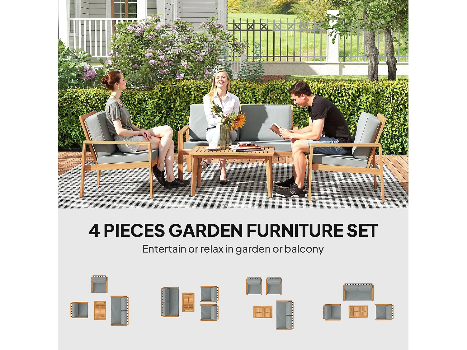 Rotoyo 4 Seater Acacia Wood Outdoor Garden Furniture Set with Teak Finish and Grey Cushions
