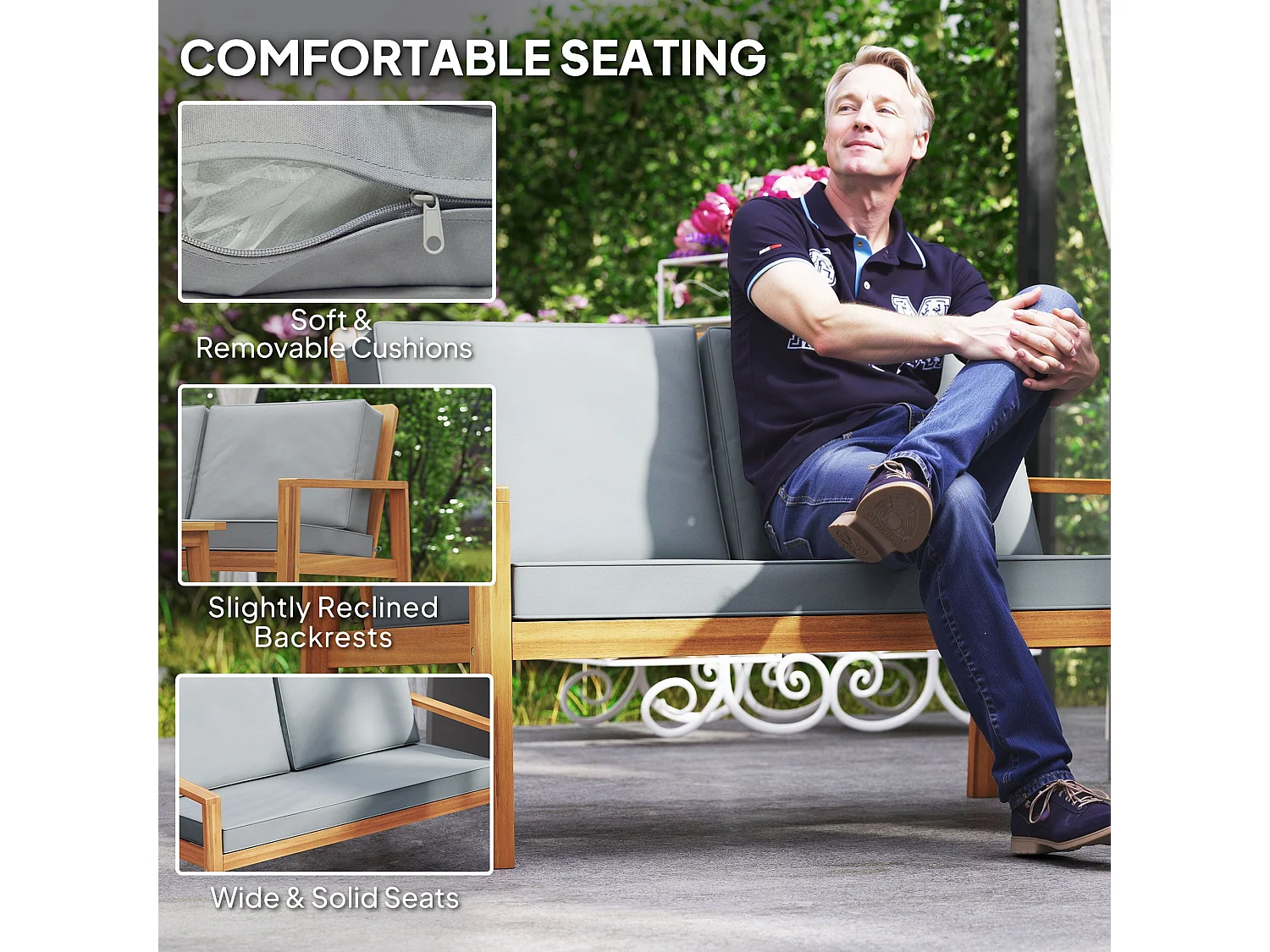 Rotoyo 4 Seater Acacia Wood Outdoor Garden Furniture Set with Teak Finish and Grey Cushions